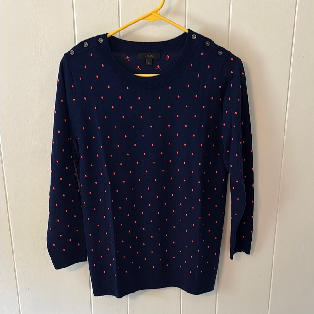 J. Crew Blue Crew Neck Sweater with Polka Dot Pattern